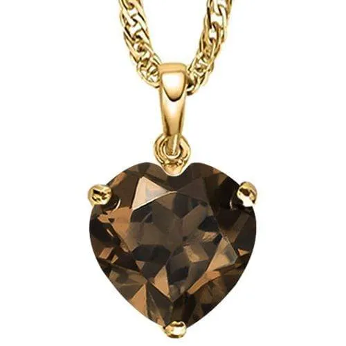 10K Solid Yellow Gold Heart shape 6MM Natural Smokey Quartz Pendants