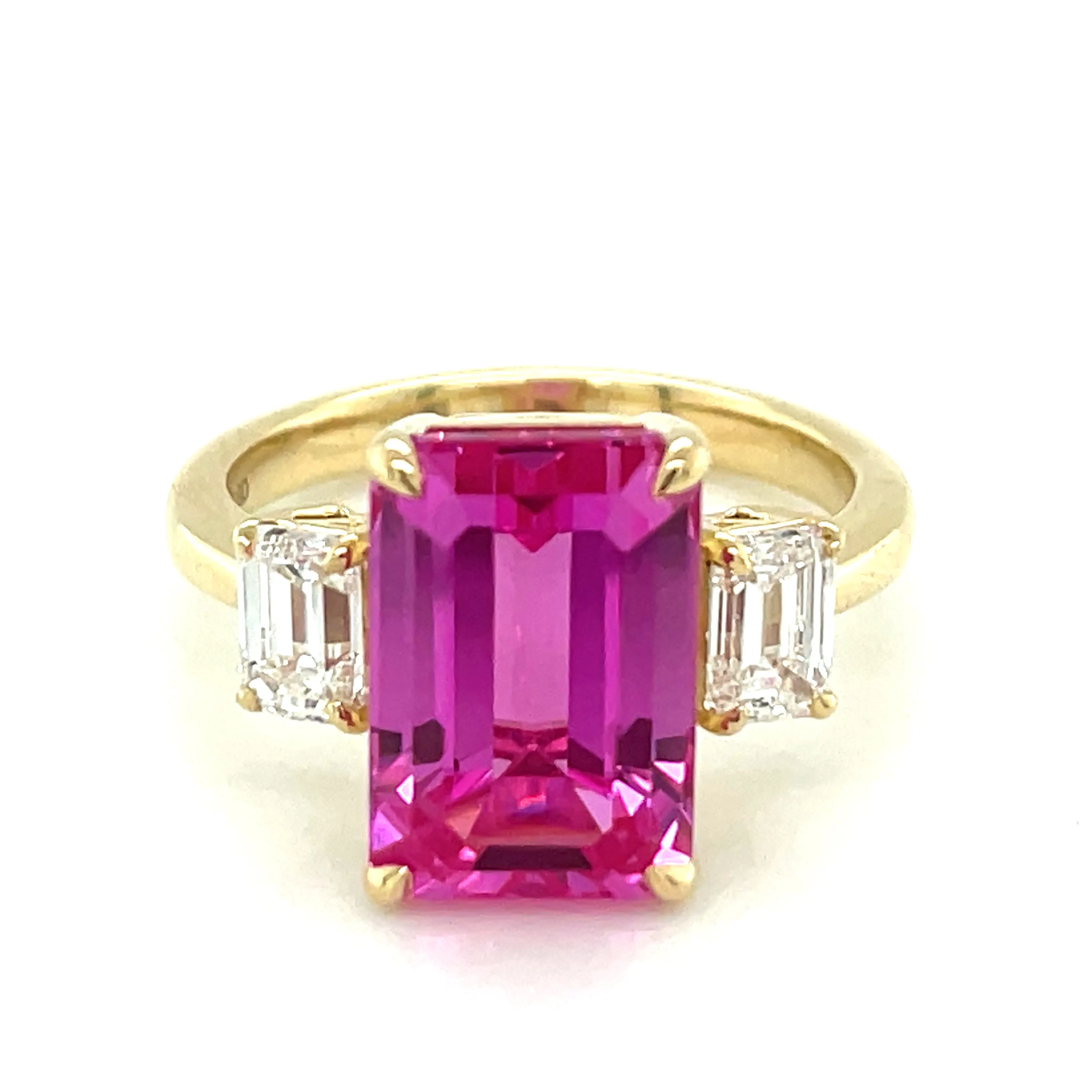 14ct Yellow Gold Laboratory Grown 7.35ct Pink Sapphire & 0.81ct Diamond Ring