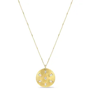 14k Baguette & Round Diamond Brushed Gold Domed Disc Necklace