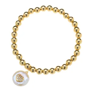 14k Gold Filled 6mm Bead Ball Stretch Bracelet  with Pave Cz Heart On a Coin Pearl by Menagerie