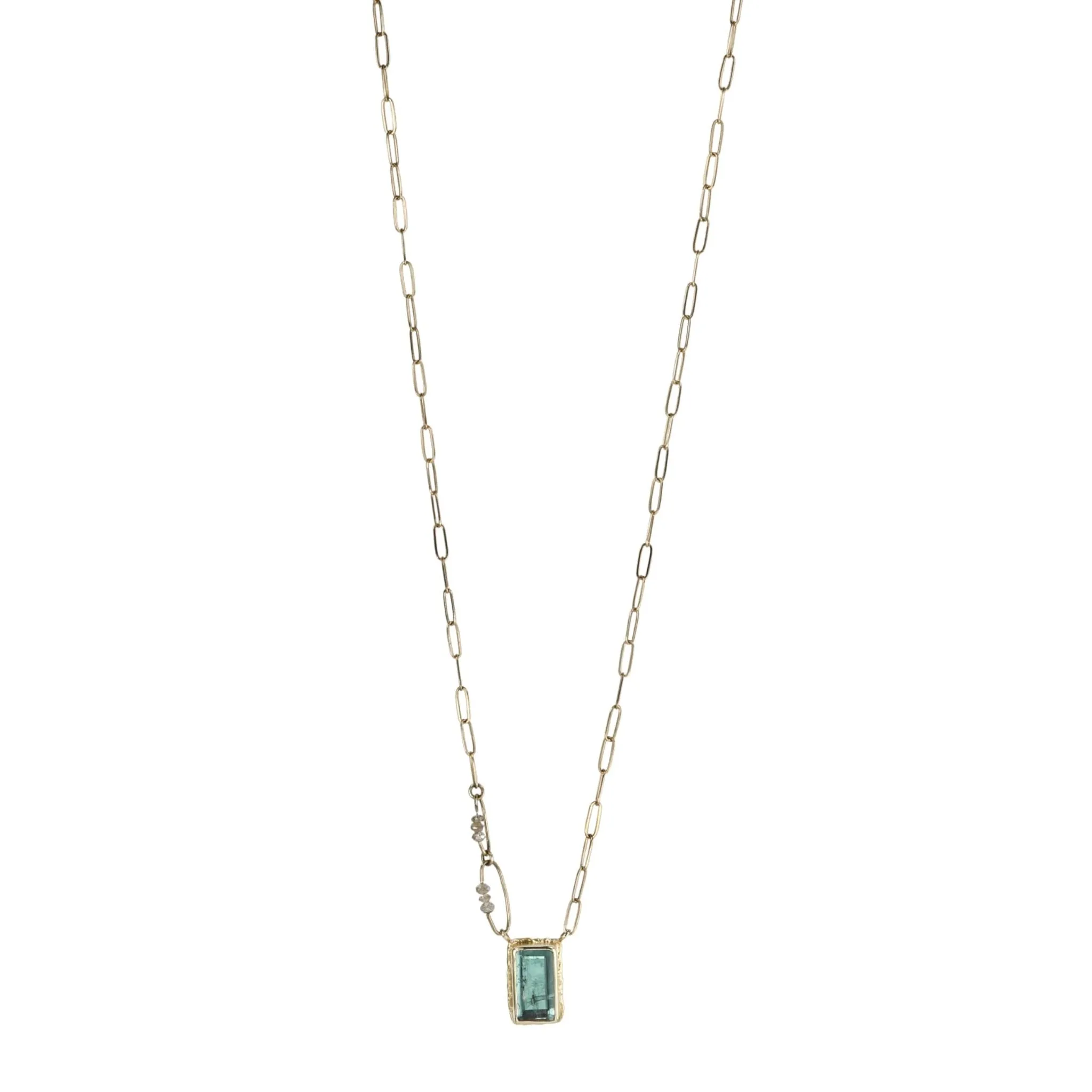 14K Gold Rectangular Indicolite Necklace with Diamonds