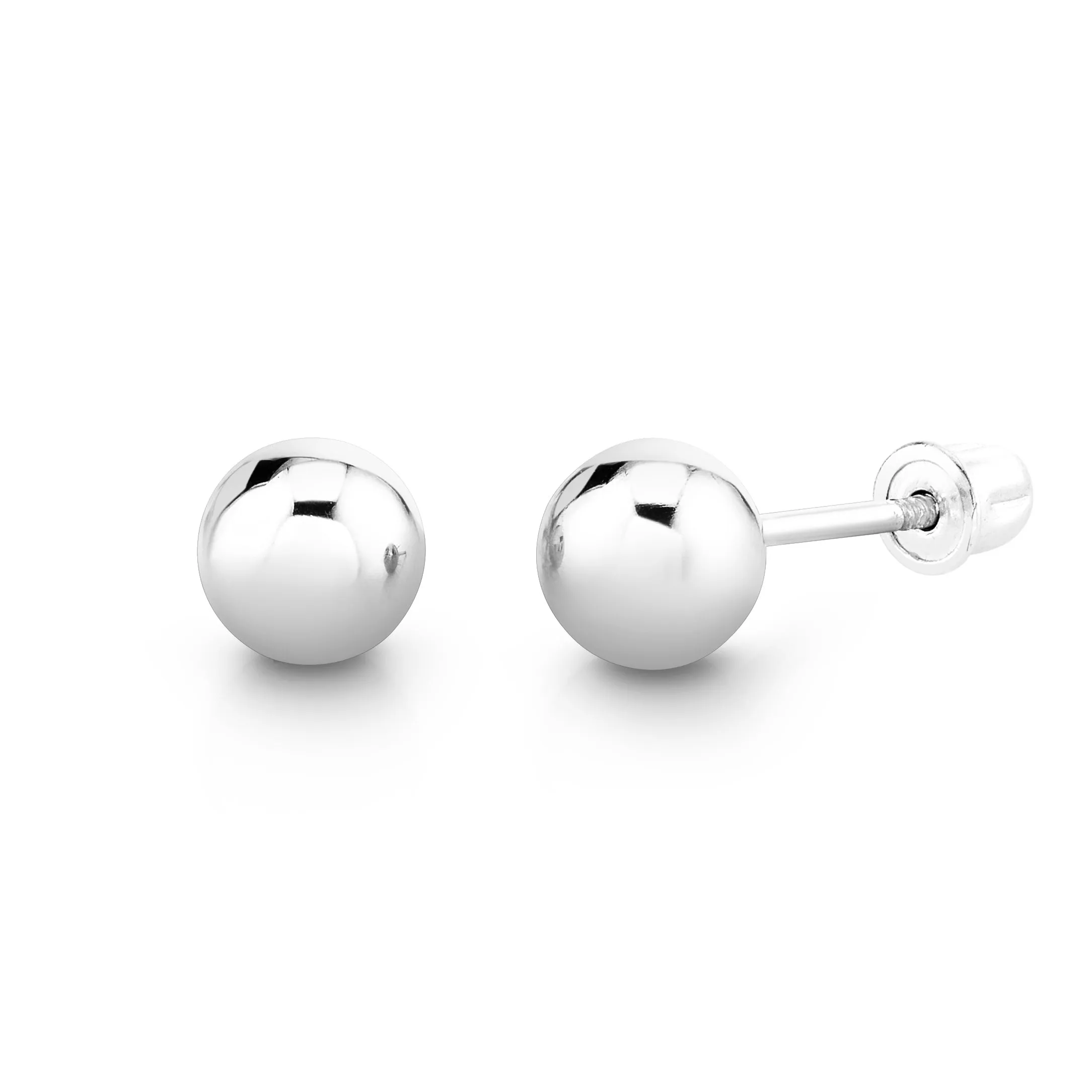 14K Solid White Gold Round Ball Stud Earrings Screw-back