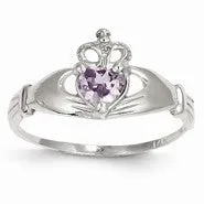 14k White Gold CZ June Birthstone Claddagh Heart Ring