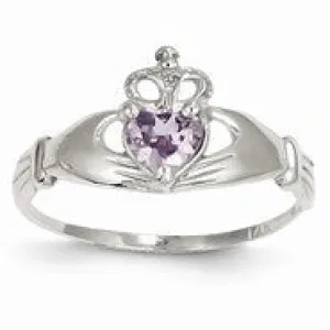 14k White Gold CZ June Birthstone Claddagh Heart Ring