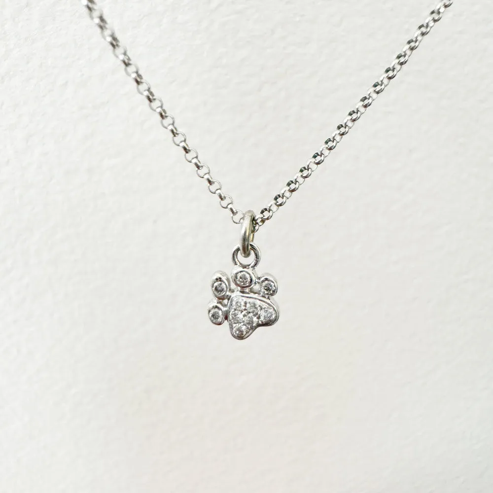 14K White Gold Pave Diamond Paw Print Necklace