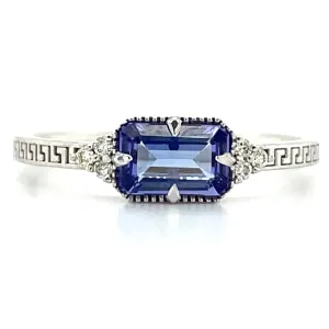 18ct White Gold Horizontal Set Earth Grown Tanzanite & Diamond Ring