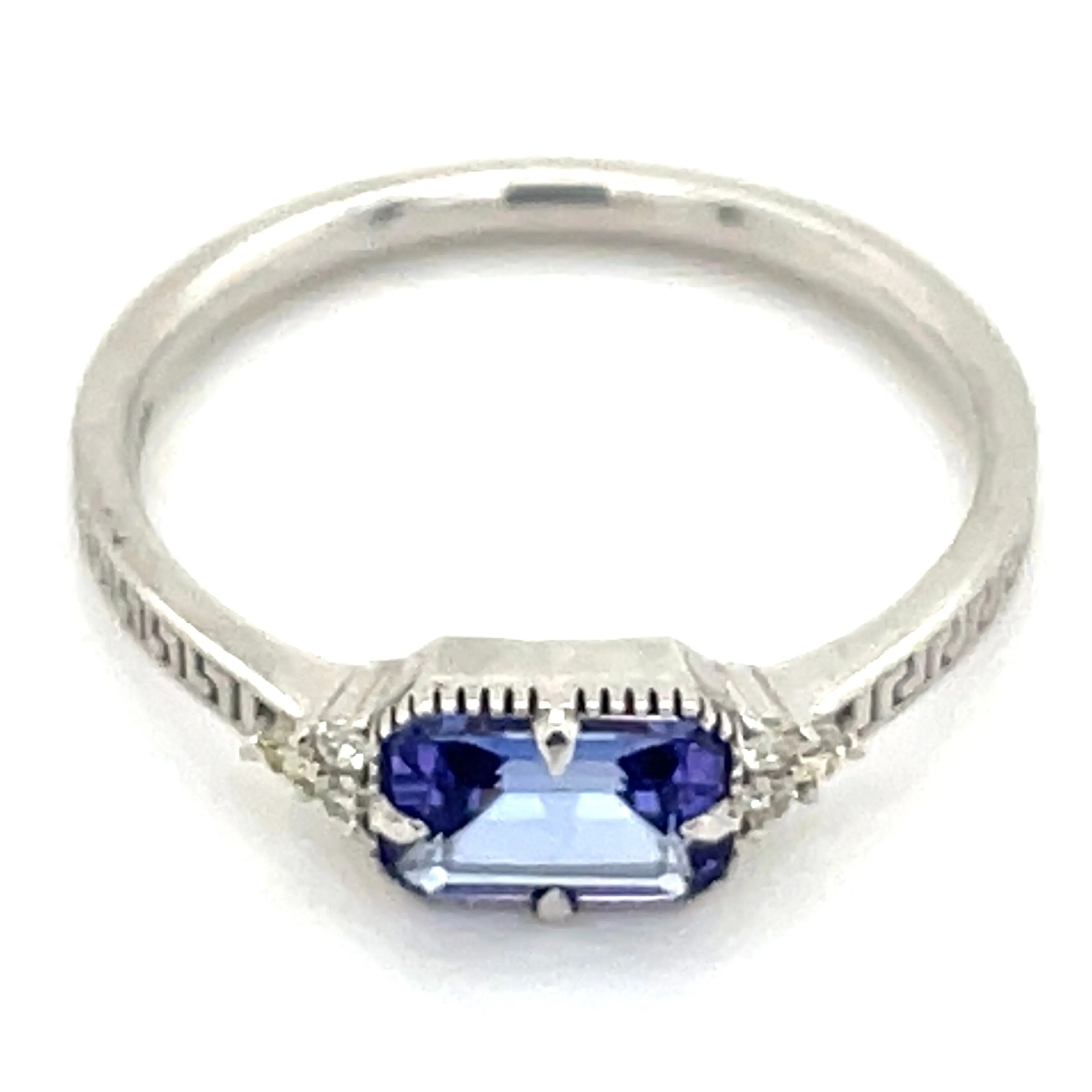 18ct White Gold Horizontal Set Earth Grown Tanzanite & Diamond Ring