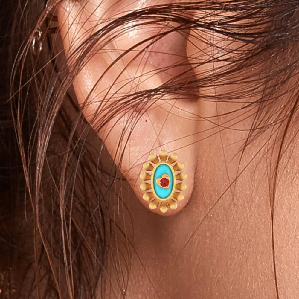 18k Sunflower Designed Gold Earrings With A Heart In The Center