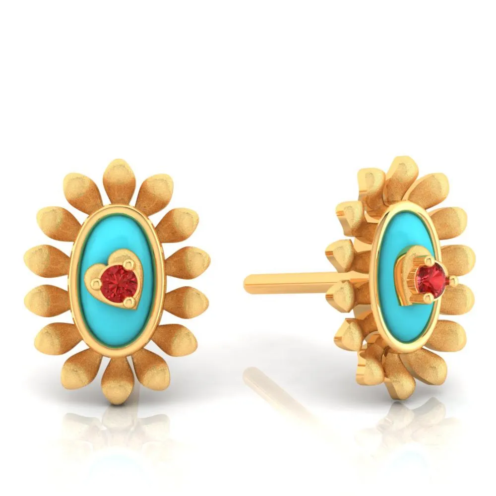 18k Sunflower Designed Gold Earrings With A Heart In The Center