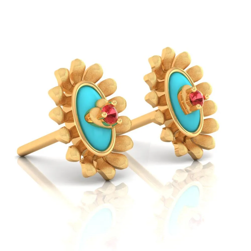 18k Sunflower Designed Gold Earrings With A Heart In The Center