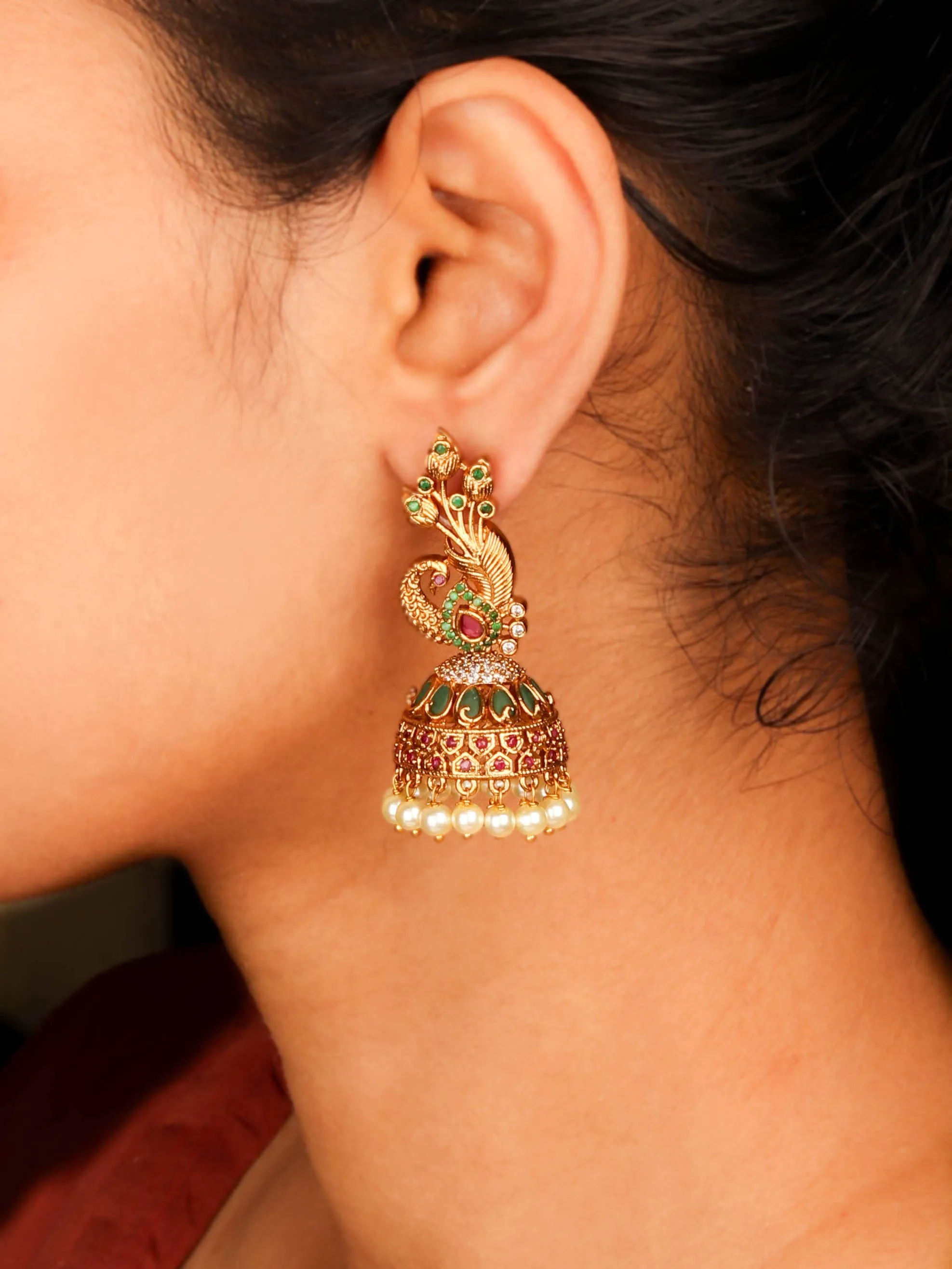 24K Gold Plated South Indian Antique Gold Peacock Leaf Design Earring