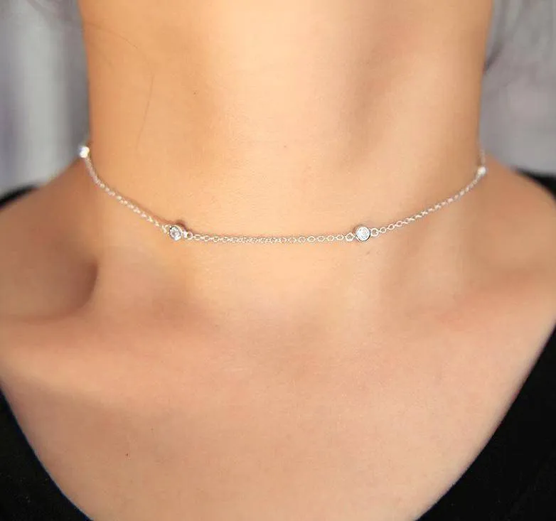 5 Bezel CZ 925 Sterling Silver 33 7cm Choker Necklace Chain