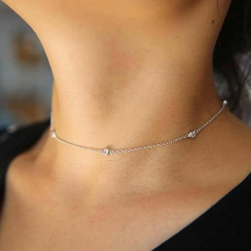 5 Bezel CZ 925 Sterling Silver 33 7cm Choker Necklace Chain