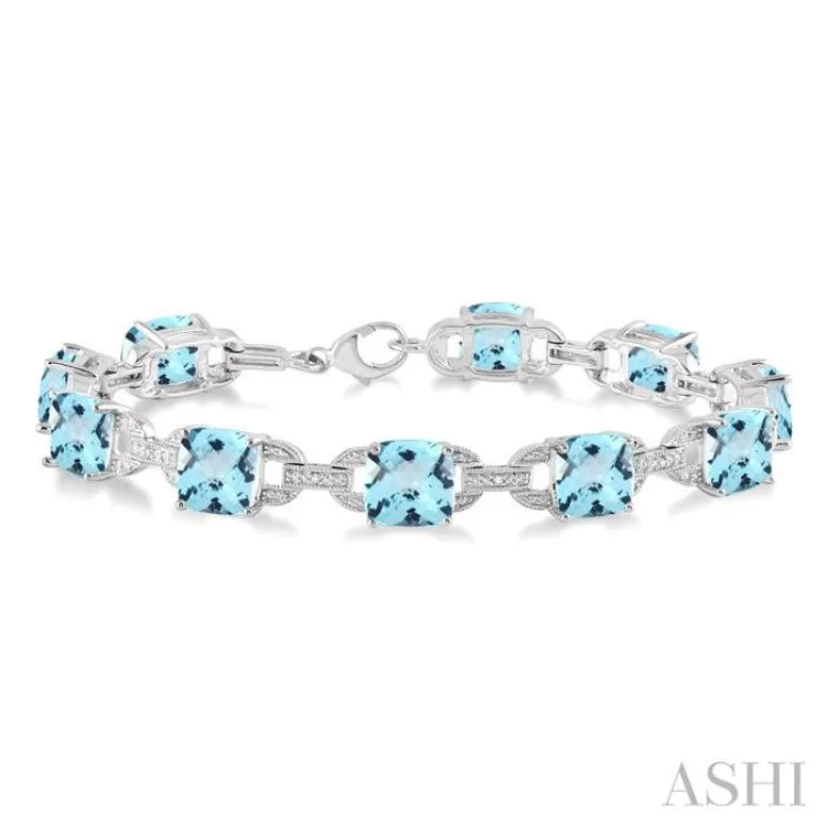 7x7 mm Cushion Cut Blue Topaz and 1/20 Ctw Round Cut Diamond Fashion Bracelet in Sterling Silver