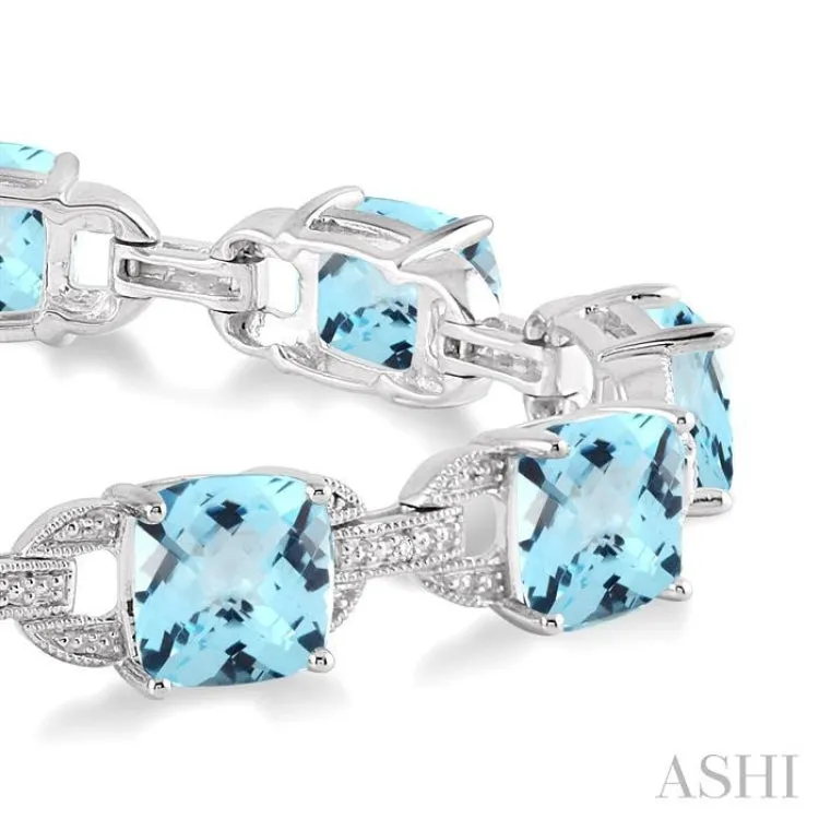 7x7 mm Cushion Cut Blue Topaz and 1/20 Ctw Round Cut Diamond Fashion Bracelet in Sterling Silver