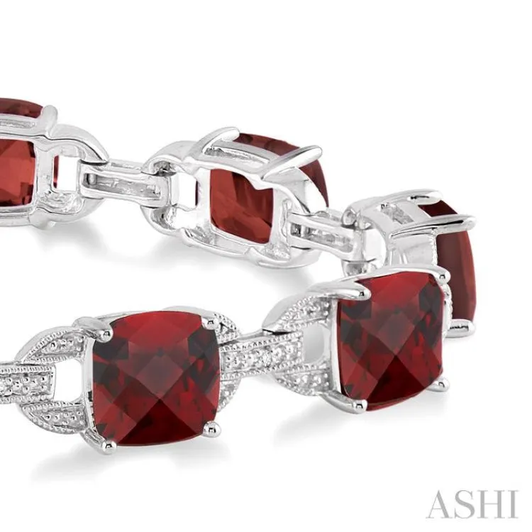 7x7 mm Cushion Cut Garnet and 1/20 Ctw Round Cut Diamond Fashion Bracelet in Sterling Silver