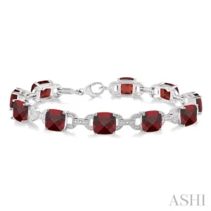 7x7  MM Cushion Shape Garnet and 1/20 Ctw Round Cut Diamond Fashion Bracelet in Sterling Silver