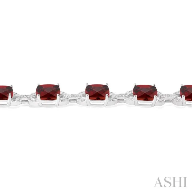 7x7  MM Cushion Shape Garnet and 1/20 Ctw Round Cut Diamond Fashion Bracelet in Sterling Silver