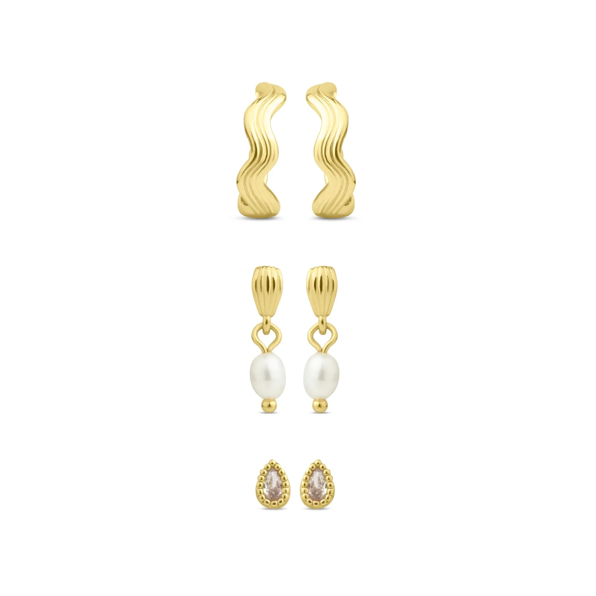 Accessorize London Women 14k Real Gold Plated Pearl Wave Stud And Hoop Earrings Pack Of 3