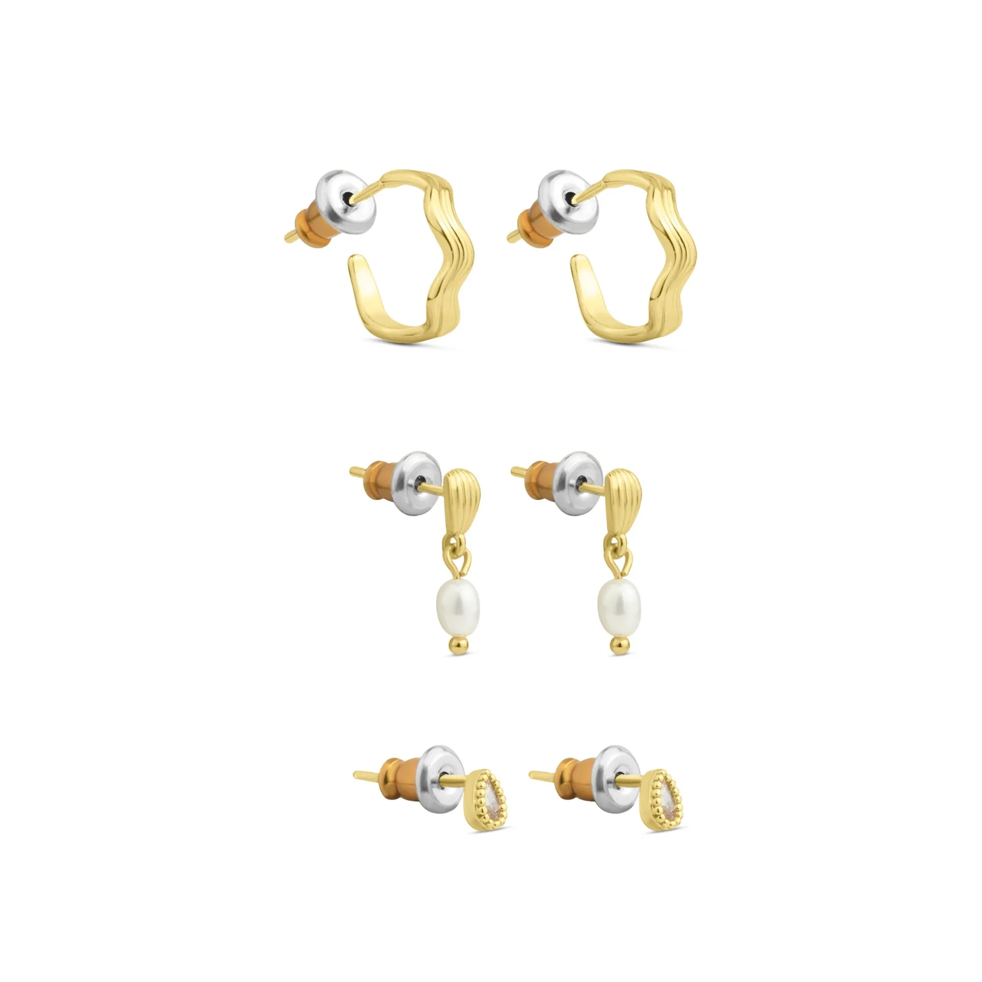 Accessorize London Women 14k Real Gold Plated Pearl Wave Stud And Hoop Earrings Pack Of 3