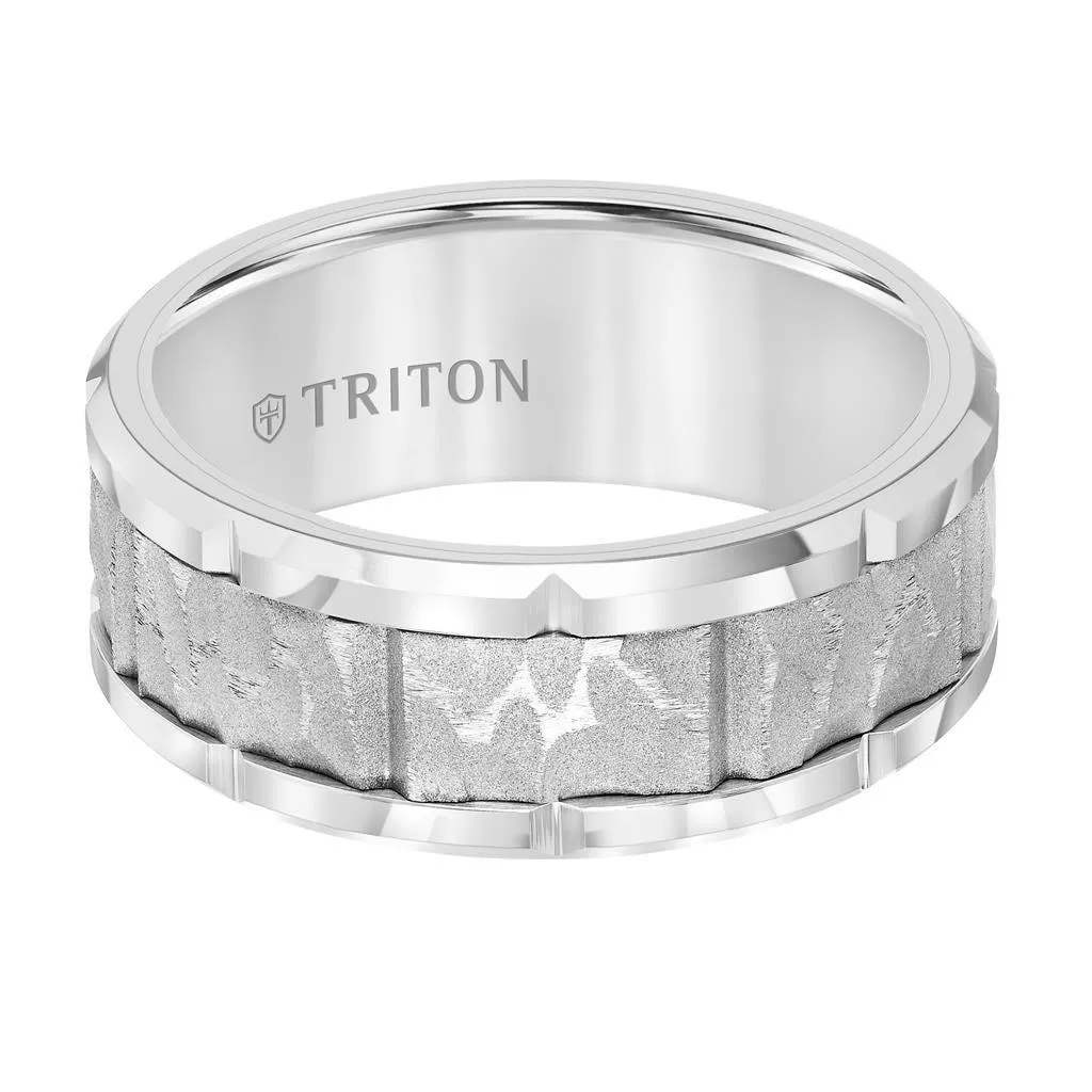 AEOLIAN White Tungsten Textured Sandblasted Center Wedding Ring with Polished Edges & Cut Accents by Triton Rings - 9mm