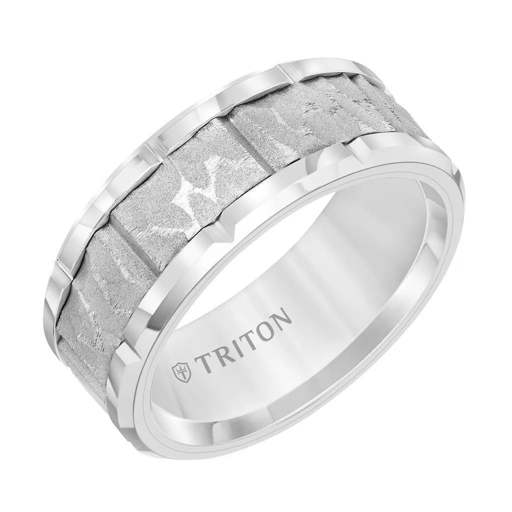 AEOLIAN White Tungsten Textured Sandblasted Center Wedding Ring with Polished Edges & Cut Accents by Triton Rings - 9mm