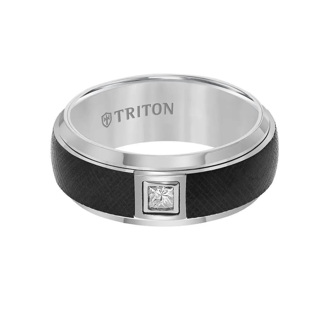 AIKEN Tungsten Ring with Black Center and .17 ct Square Diamond Setting by Triton Rings - 8mm