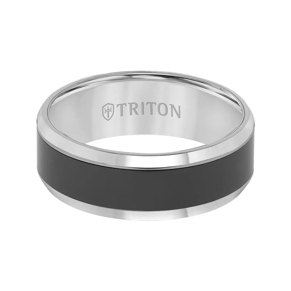 ALGERNON Tungsten Wedding Band with Polished Beveled Edges and Black Ceramic Inlay by Triton Rings - 8 mm