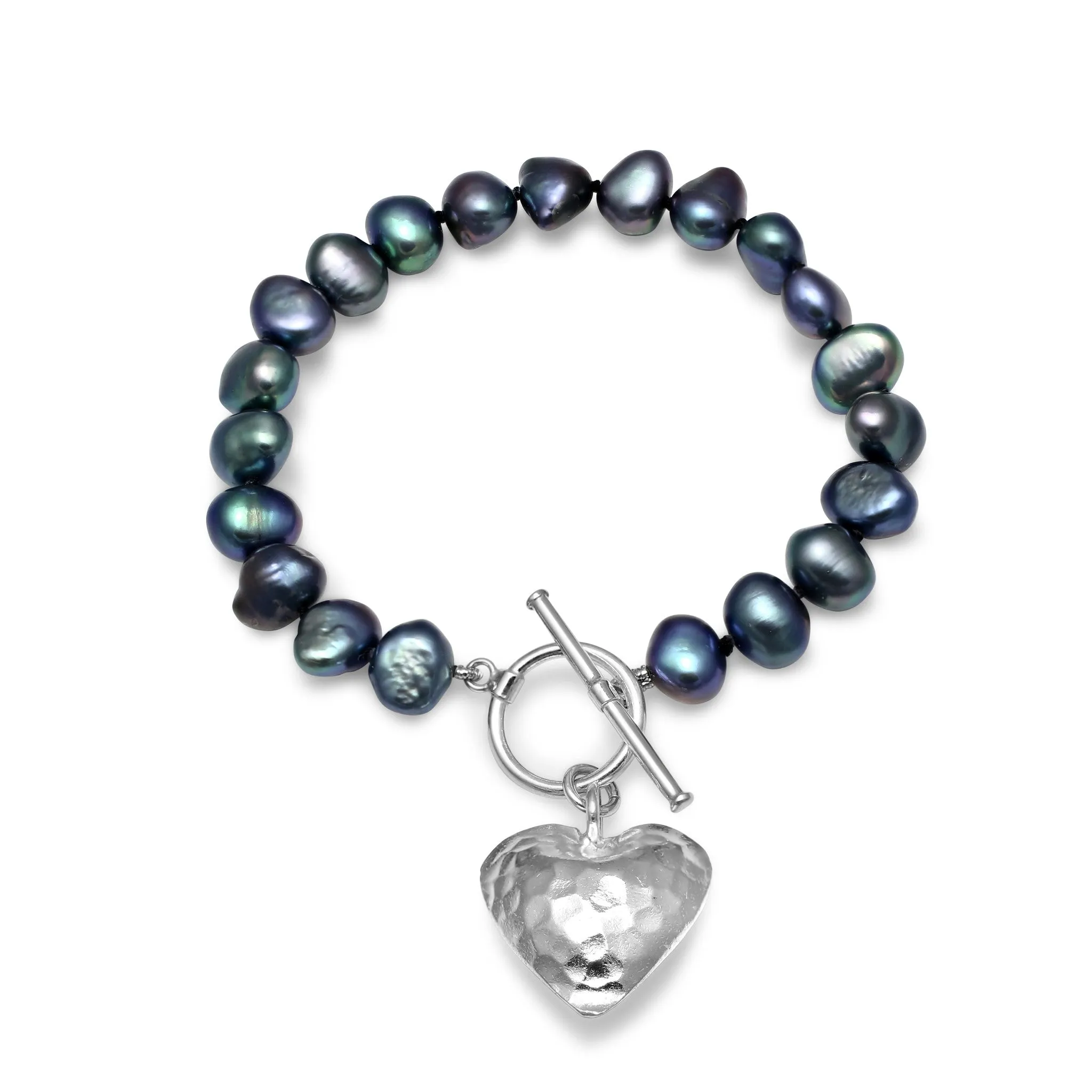 Amare black irregular cultured freshwater pearl bracelet with a silver hammered heart pendant