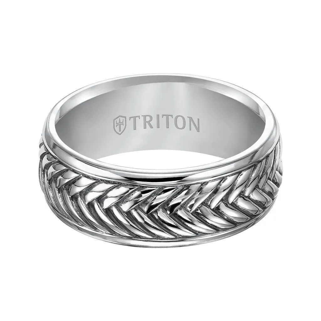 ANDREW Sterling Silver Cast Comfort Fit Wedding Band with Woven Pattern Center, Polished Rims, and Black Oxidation Finish by Triton Rings - 9mm