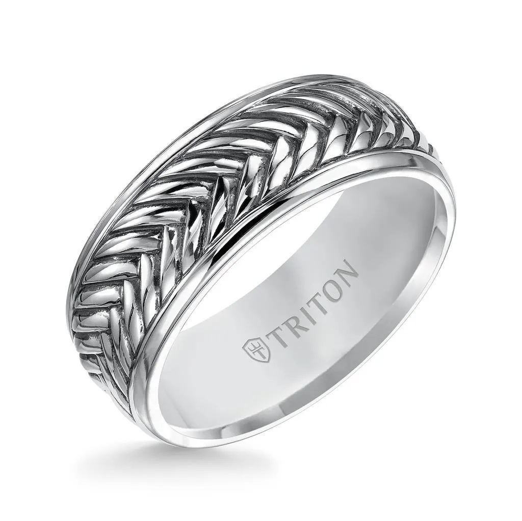 ANDREW Sterling Silver Cast Comfort Fit Wedding Band with Woven Pattern Center, Polished Rims, and Black Oxidation Finish by Triton Rings - 9mm