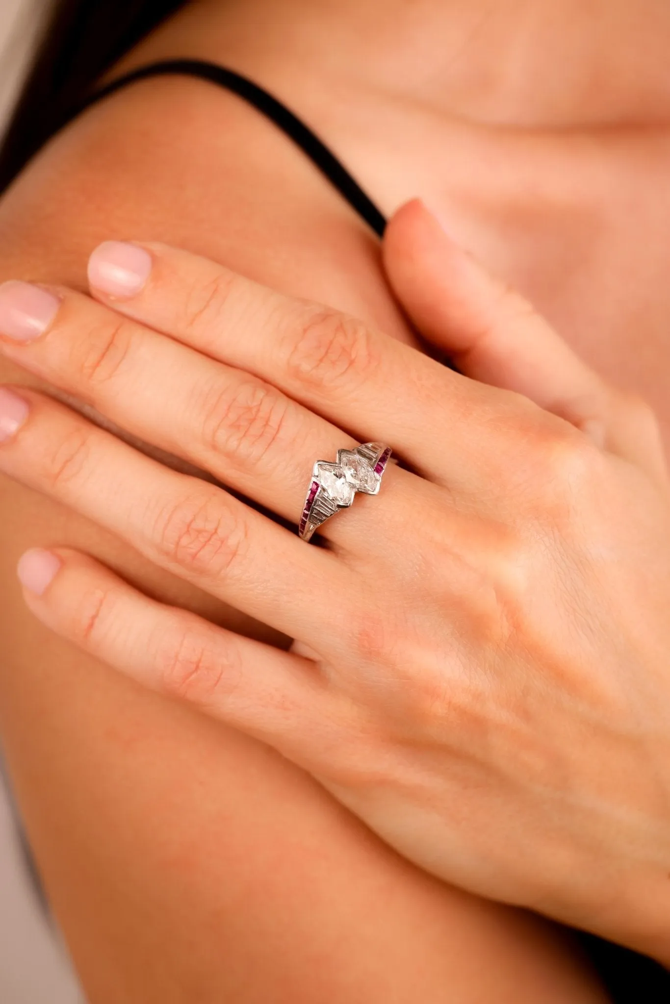 Art Deco Diamond Ruby Platinum Two Stone Ring