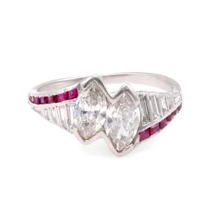 Art Deco Diamond Ruby Platinum Two Stone Ring