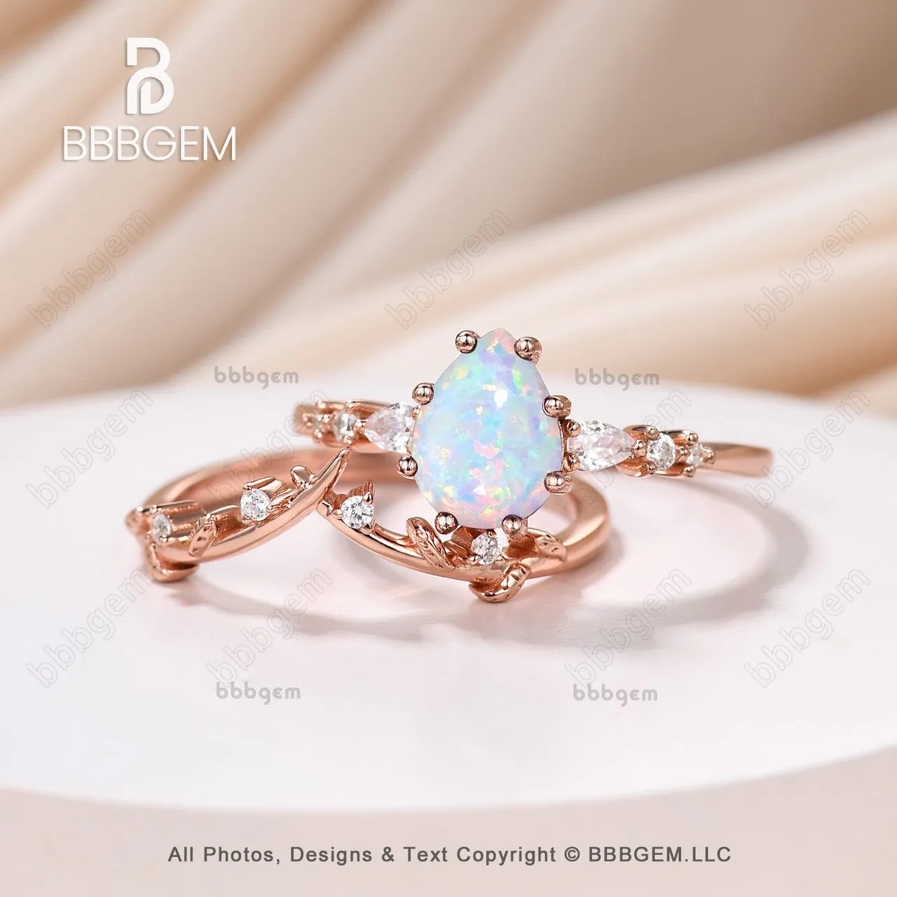 Art Deco Pear Lab Opal Promise Ring Set Moissanite Leaf Stacking Band Women Nature Inspired Ring Set