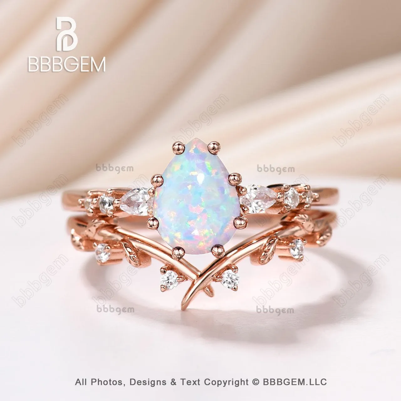 Art Deco Pear Lab Opal Promise Ring Set Moissanite Leaf Stacking Band Women Nature Inspired Ring Set