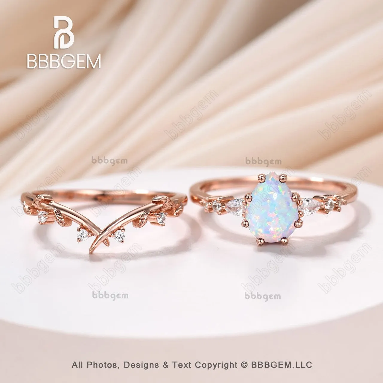 Art Deco Pear Lab Opal Promise Ring Set Moissanite Leaf Stacking Band Women Nature Inspired Ring Set