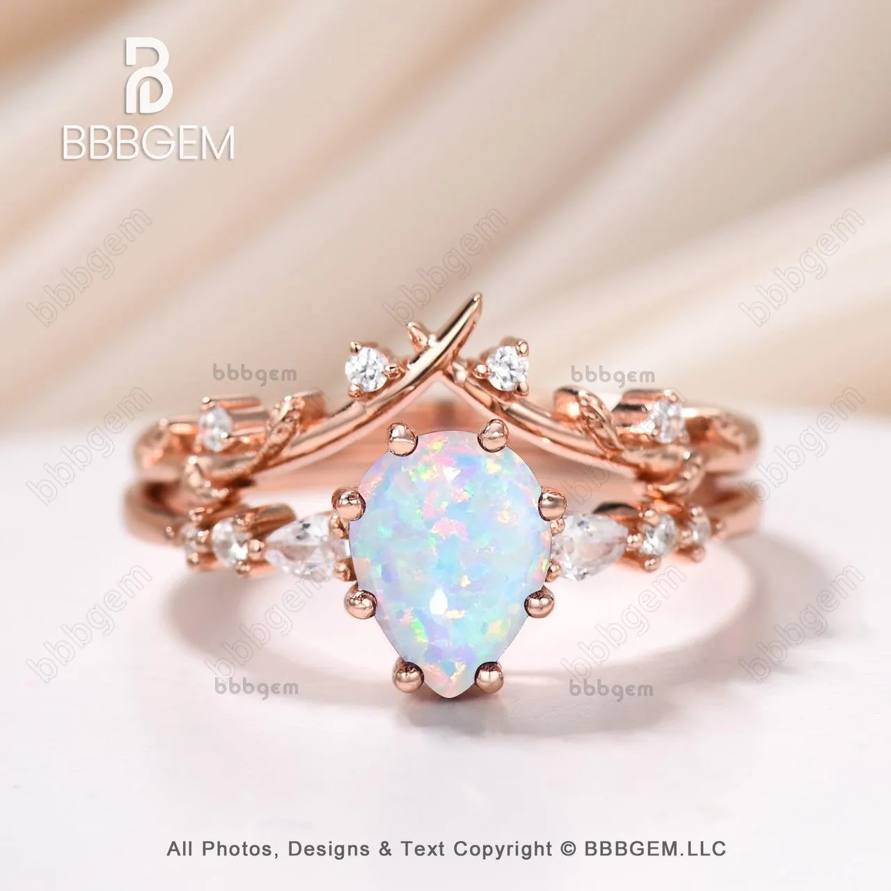 Art Deco Pear Lab Opal Promise Ring Set Moissanite Leaf Stacking Band Women Nature Inspired Ring Set