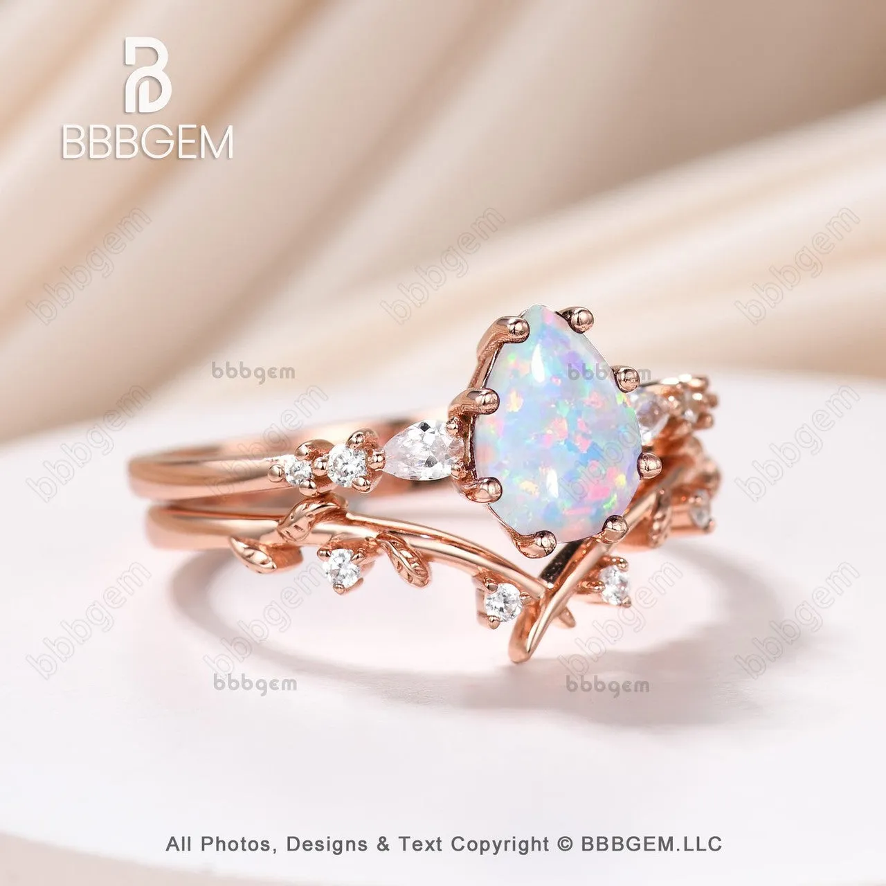 Art Deco Pear Lab Opal Promise Ring Set Moissanite Leaf Stacking Band Women Nature Inspired Ring Set