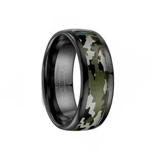 Black Ceramic Wedding Band Camo Pattern Inlay with Polished Edges - 8mm