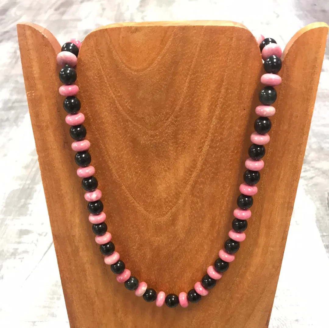 Black Jade and Rhodonite or Green Jade Necklace, 19 inches