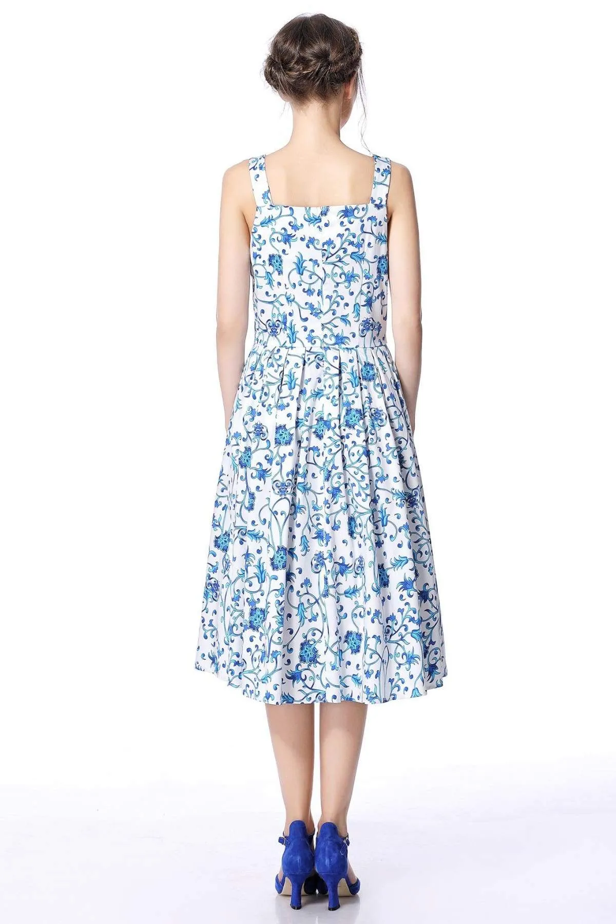 Blue and Beautiful Porcelain Strap Dress with Pockets