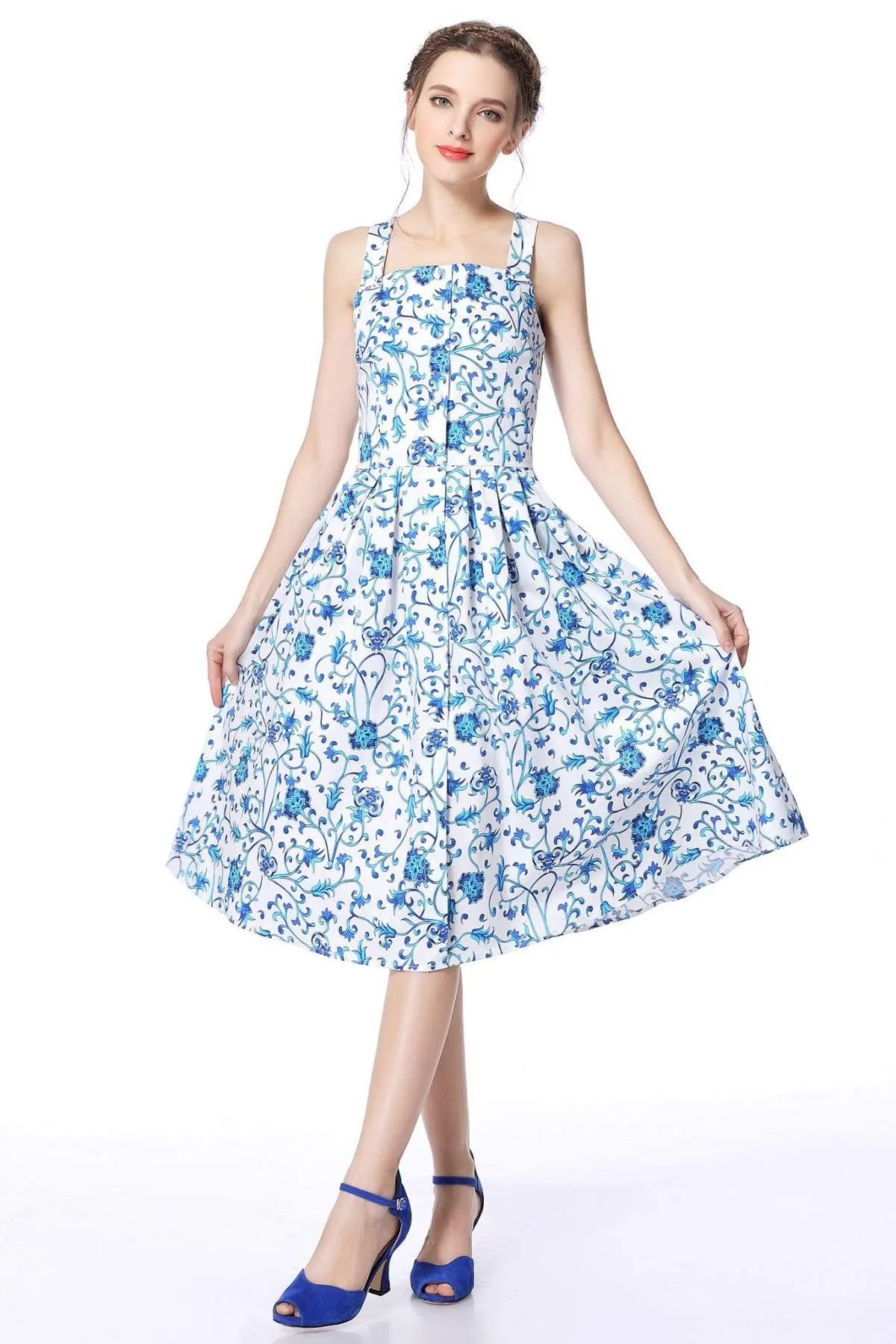 Blue and Beautiful Porcelain Strap Dress with Pockets