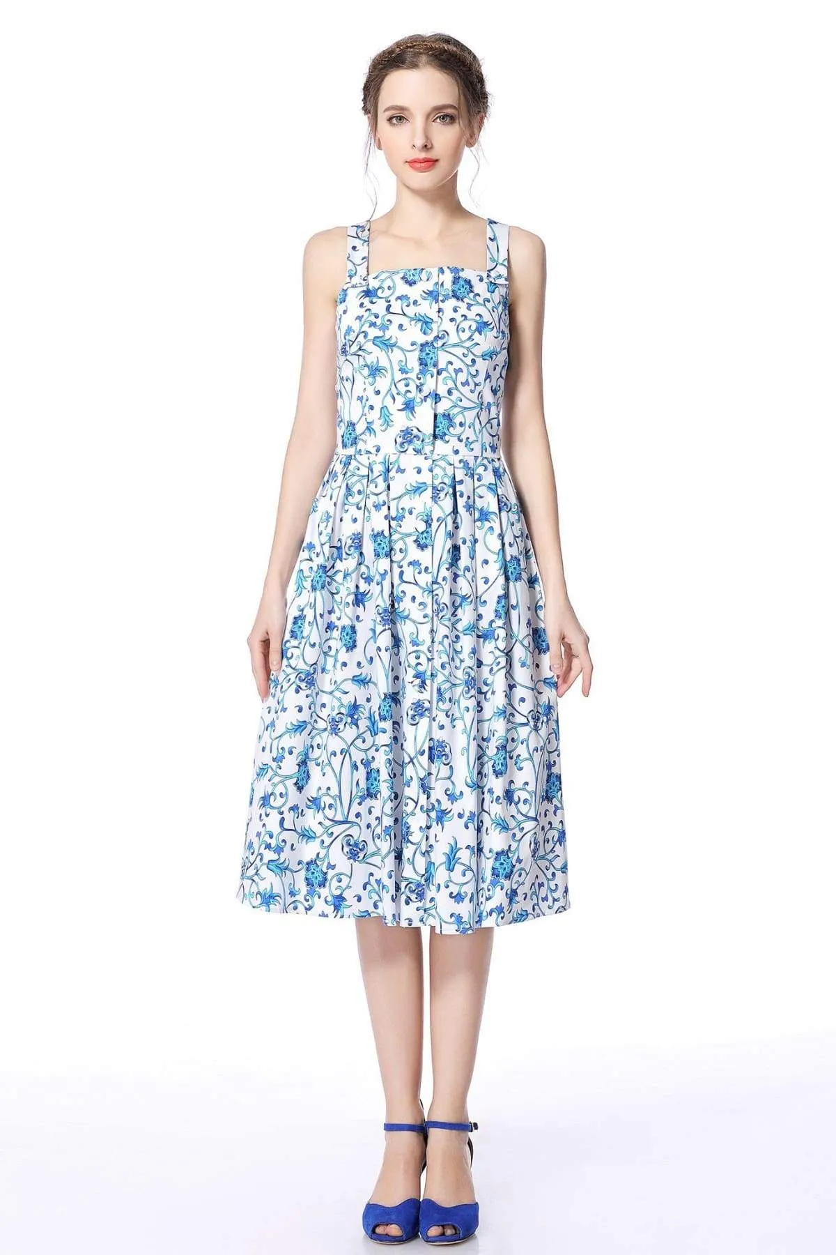 Blue and Beautiful Porcelain Strap Dress with Pockets