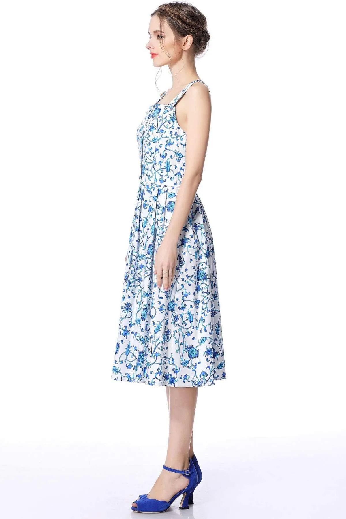 Blue and Beautiful Porcelain Strap Dress with Pockets