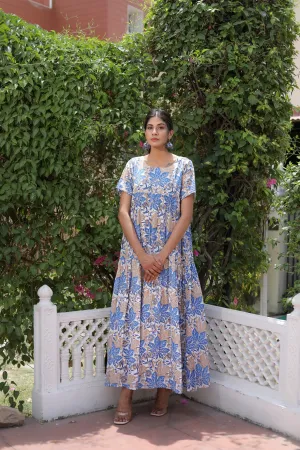 Blue Large Leaf with Short Sleeve Cotton Maxi Dress