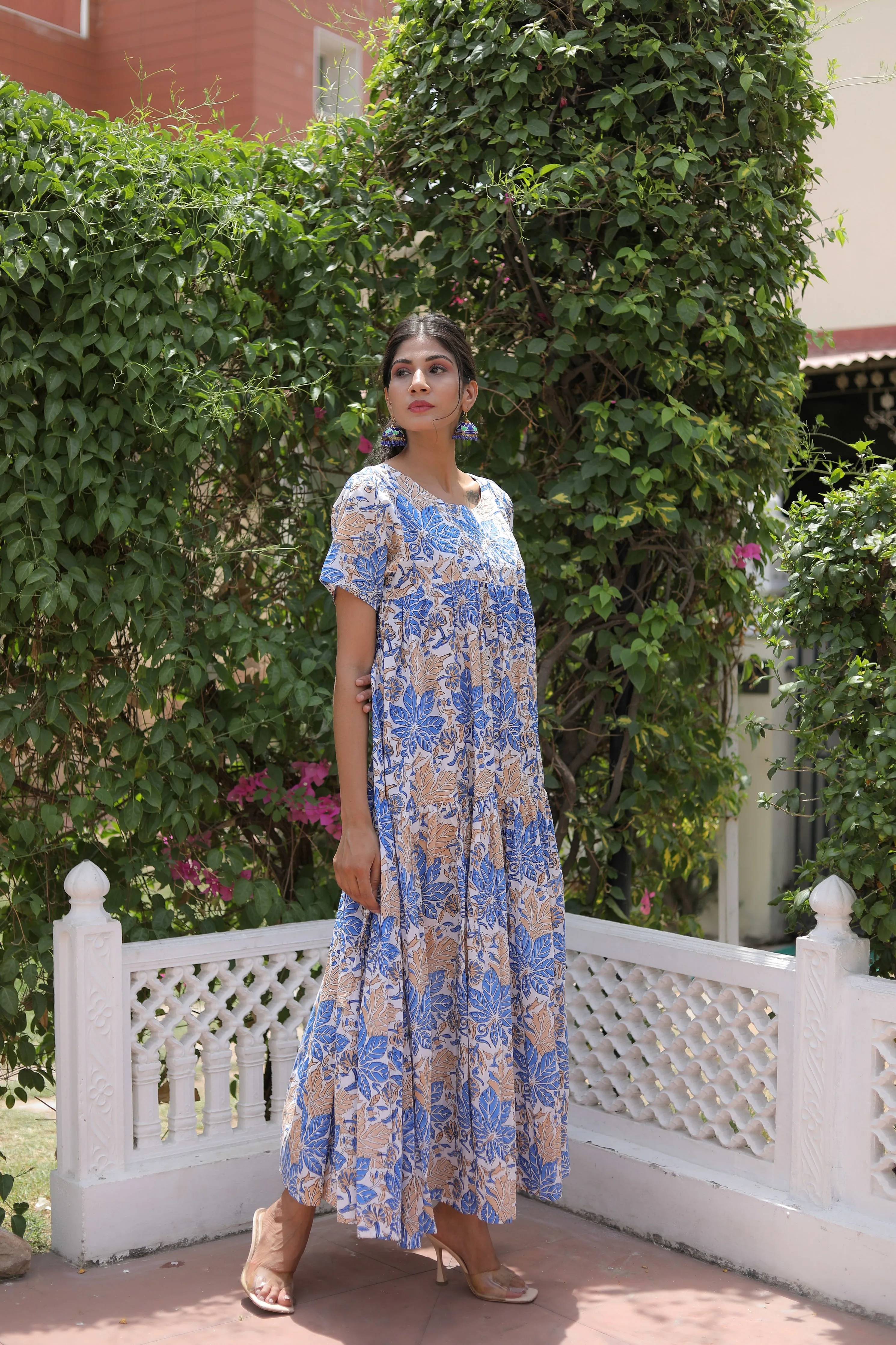 Blue Large Leaf with Short Sleeve Cotton Maxi Dress