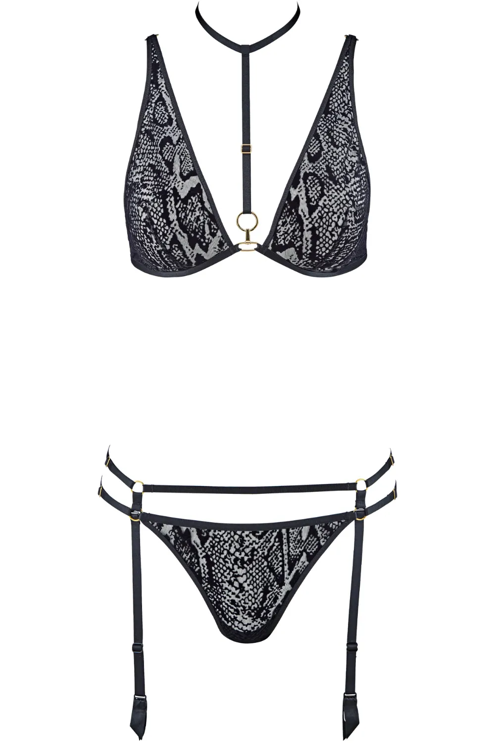 Boîte à Désir Animal Soul Flocked Triangle Bra & Suspender Tanga