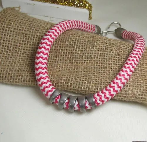 Candy Striped Cotton Rope Cord  Necklace Silver Accents