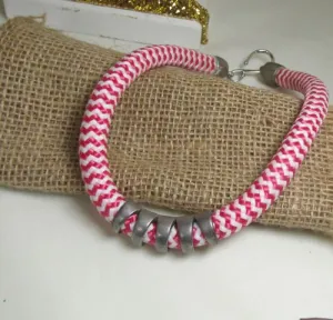 Candy Striped Cotton Rope Cord  Necklace Silver Accents