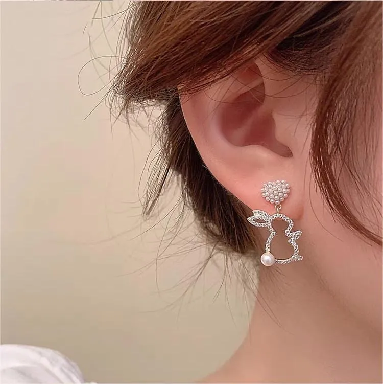 Charming Dangling Pearl Heart Rabbit Earrings